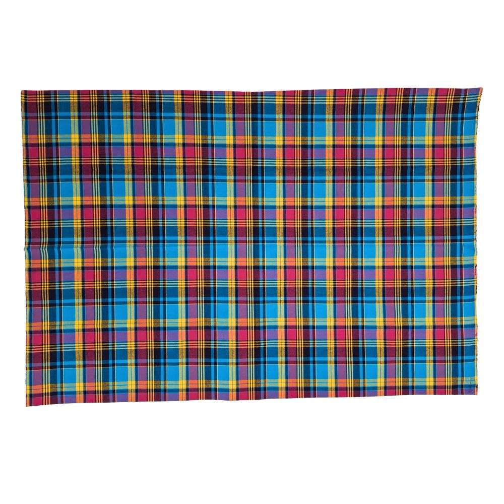 Pangi stof – Blauw met rood, geel en zwart ruitpatroon, 1 meter breed, per meter verkocht