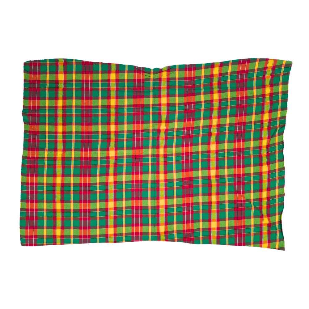 Pangi stof – Geel met rood en groen ruitpatroon, 1 meter breed, verkoop per meter